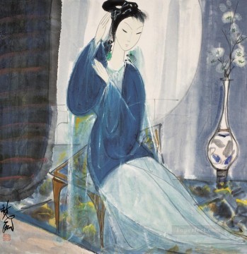 dama en tinta china antigua azul Pinturas al óleo